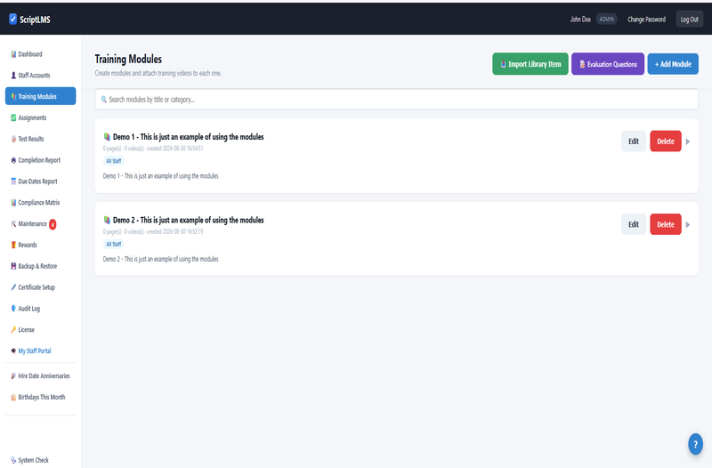 ScriptLMS Training Modules page listing every training course